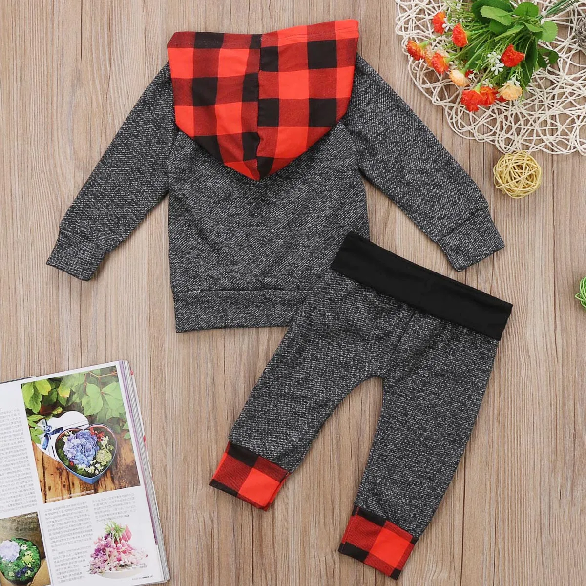 2Pcs Toddler Baby Kids Boys & Girls Long Sleeve Plaid Patchwork Hooded Tops Pants Outfits 0-5T