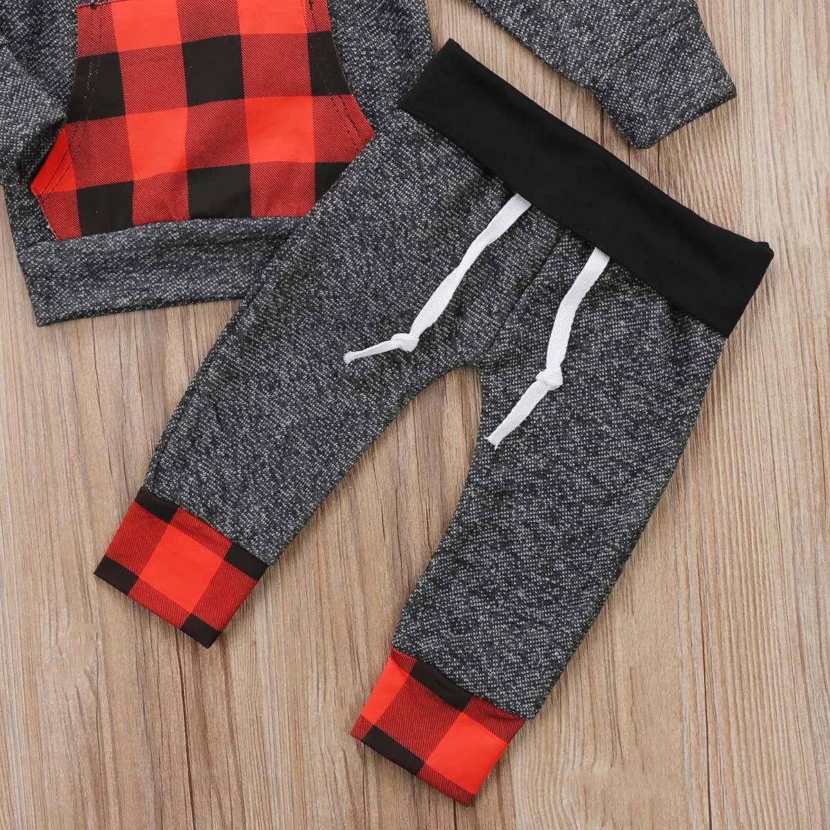 2Pcs Toddler Baby Kids Boys & Girls Long Sleeve Plaid Patchwork Hooded Tops Pants Outfits 0-5T