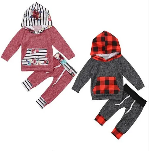 2Pcs Toddler Baby Kids Boys & Girls Long Sleeve Plaid Patchwork Hooded Tops Pants Outfits 0-5T