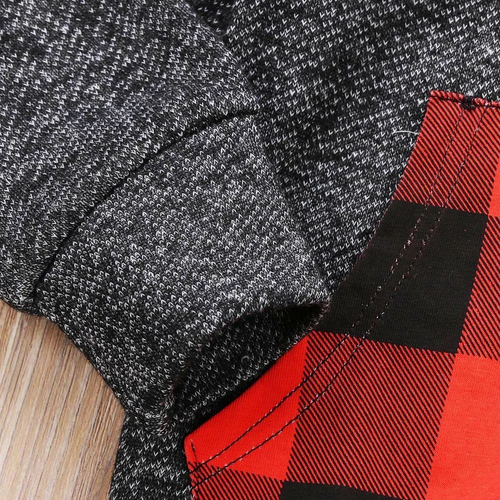 2Pcs Toddler Baby Kids Boys & Girls Long Sleeve Plaid Patchwork Hooded Tops Pants Outfits 0-5T