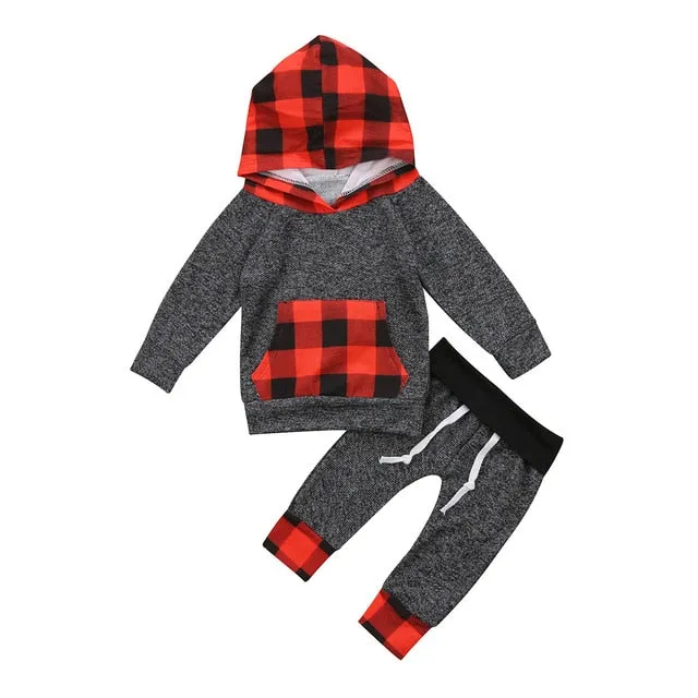 2Pcs Toddler Baby Kids Boys & Girls Long Sleeve Plaid Patchwork Hooded Tops Pants Outfits 0-5T