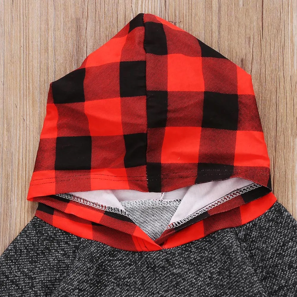 2Pcs Toddler Baby Kids Boys & Girls Long Sleeve Plaid Patchwork Hooded Tops Pants Outfits 0-5T