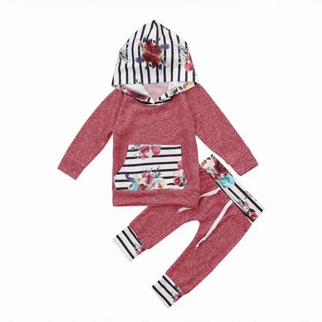 2Pcs Toddler Baby Kids Boys & Girls Long Sleeve Plaid Patchwork Hooded Tops Pants Outfits 0-5T