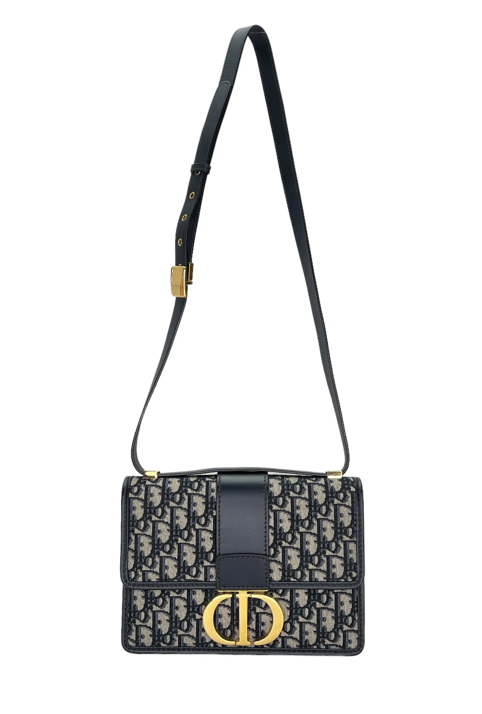 30 Montaigne Medium Navy Shoulder Bag in Jacquard, Gold hardware