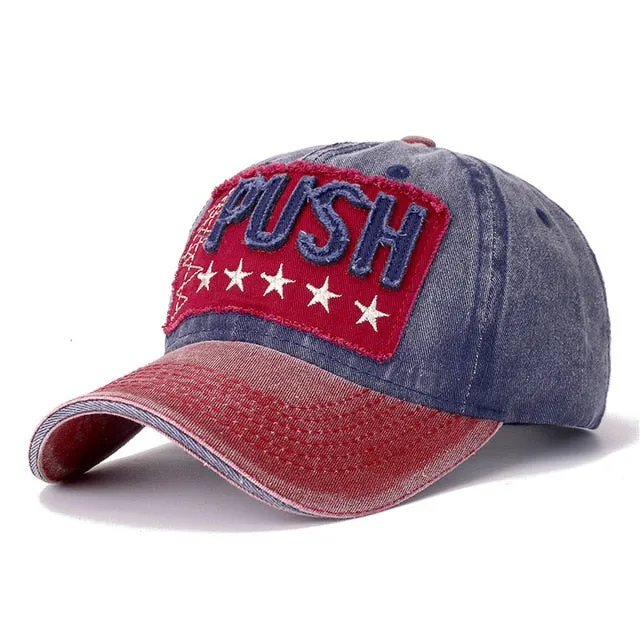 3D Retro PUSH Star Embroidered Washed Cotton Baseball Adjustable Snapback Cap