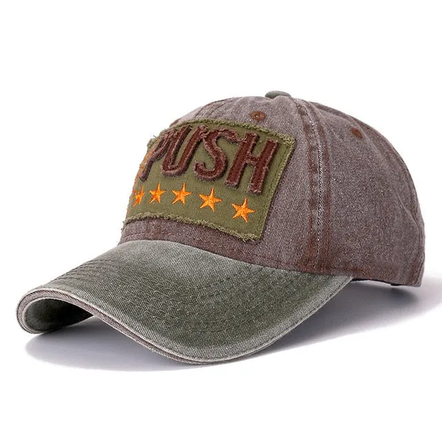 3D Retro PUSH Star Embroidered Washed Cotton Baseball Adjustable Snapback Cap