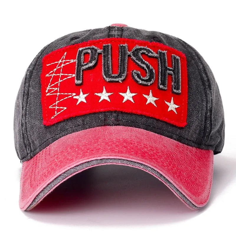 3D Retro PUSH Star Embroidered Washed Cotton Baseball Adjustable Snapback Cap