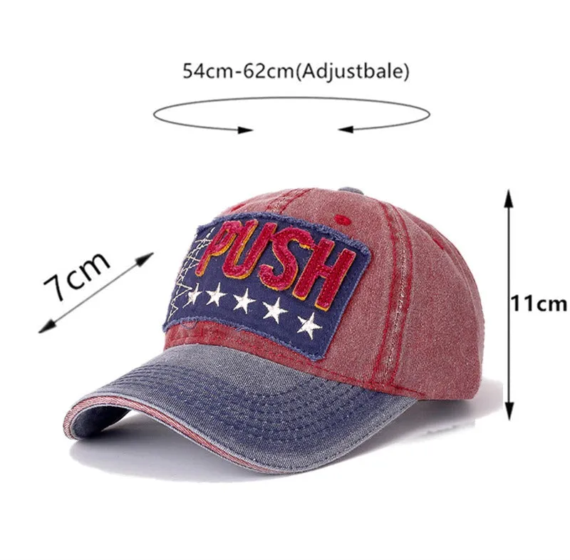 3D Retro PUSH Star Embroidered Washed Cotton Baseball Adjustable Snapback Cap