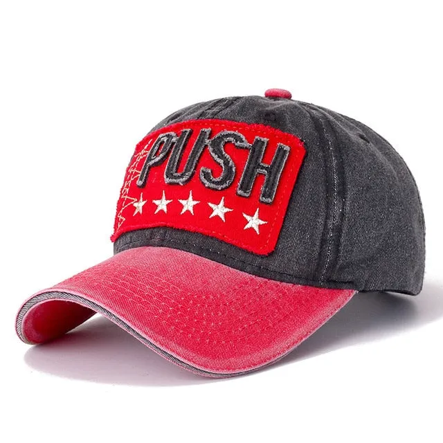 3D Retro PUSH Star Embroidered Washed Cotton Baseball Adjustable Snapback Cap