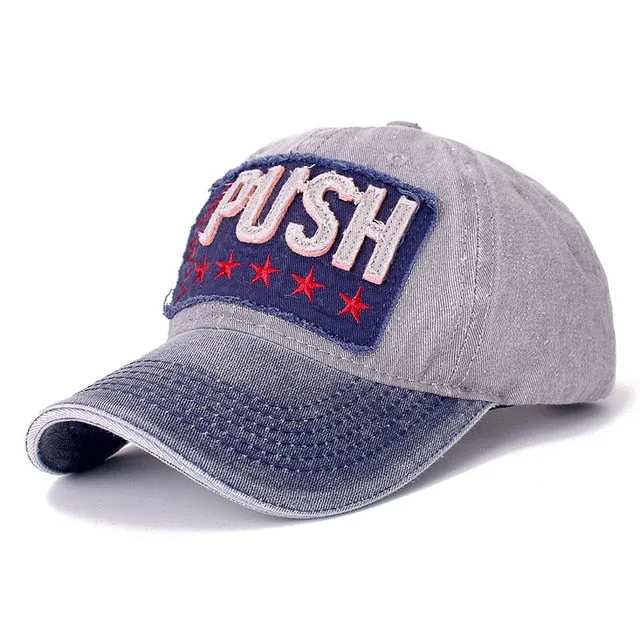 3D Retro PUSH Star Embroidered Washed Cotton Baseball Adjustable Snapback Cap