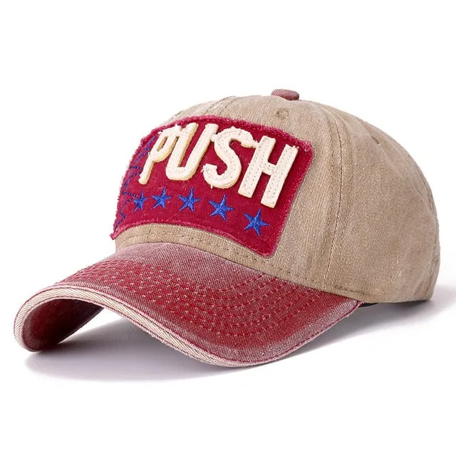 3D Retro PUSH Star Embroidered Washed Cotton Baseball Adjustable Snapback Cap