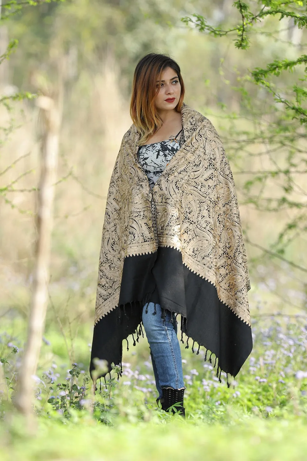 Alluring Black Colour Stole With Graceful Dense Jaal Pattern Of Kashmiri Embroidery Makes It An Ideal Wear.