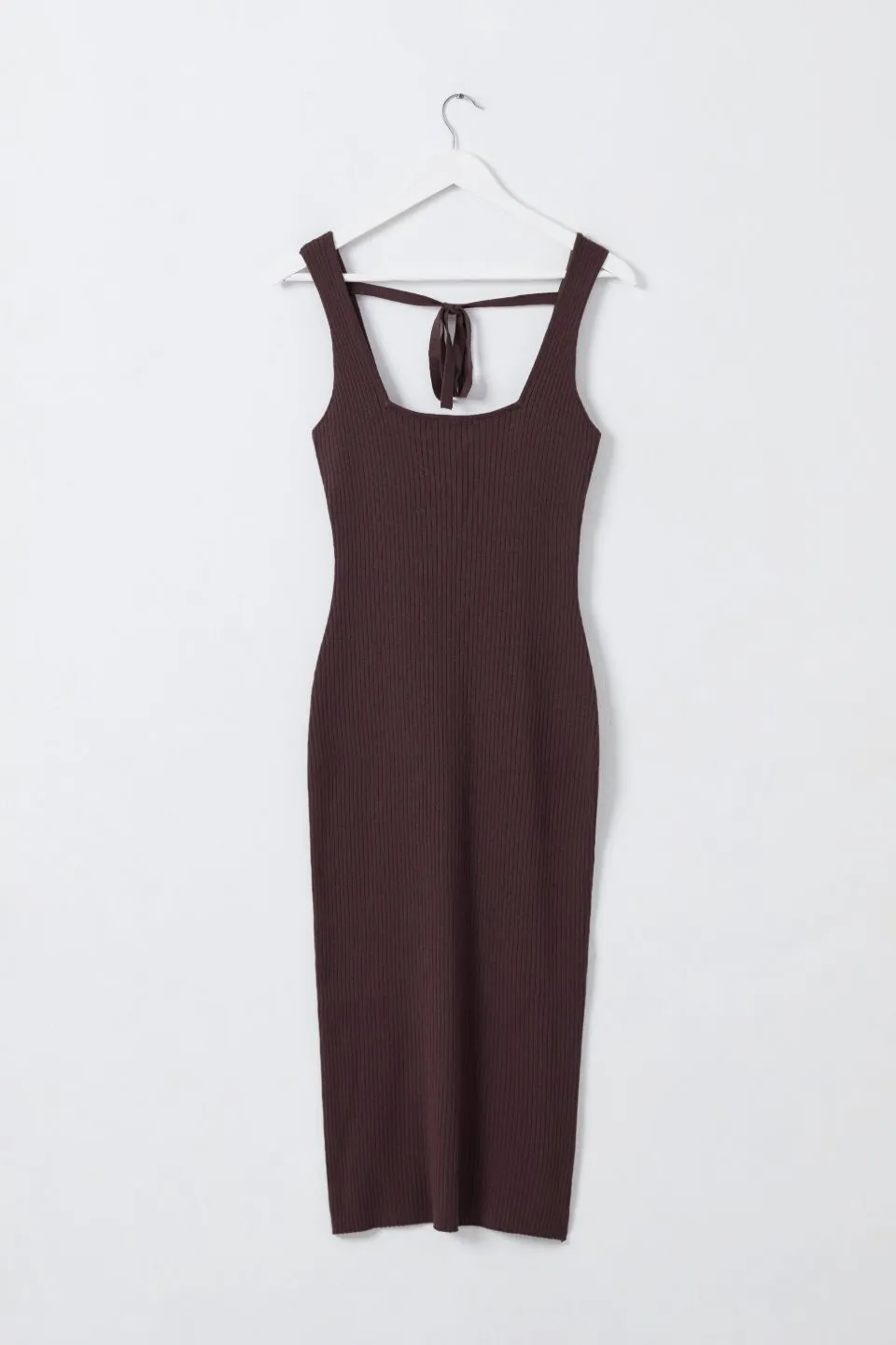 Aries Cocoa Square Neck Tie Back Rib Knit Midi Tank Dress