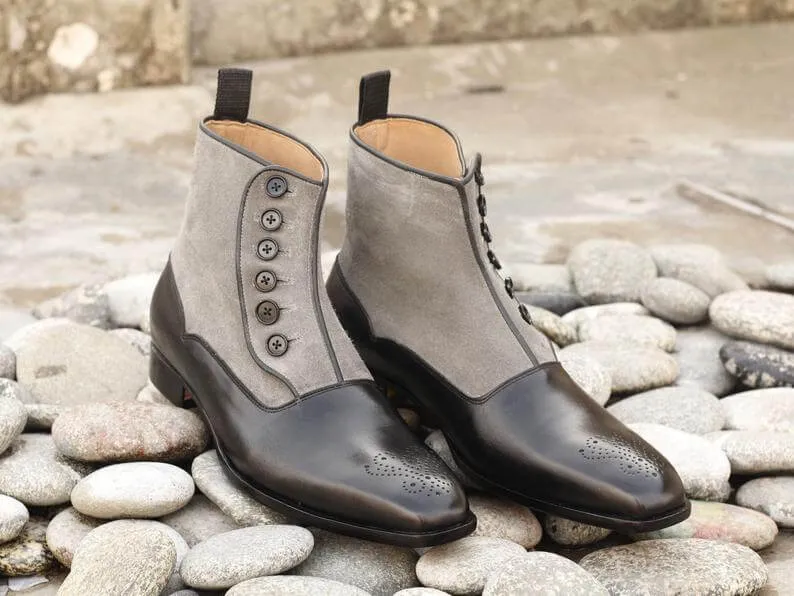 Awesome Handmade Men's Black Leather Gray Suede Brogue Toe Button Boots, Men Ankle Fashion Boots