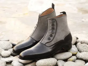 Awesome Handmade Men's Black Leather Gray Suede Brogue Toe Button Boots, Men Ankle Fashion Boots