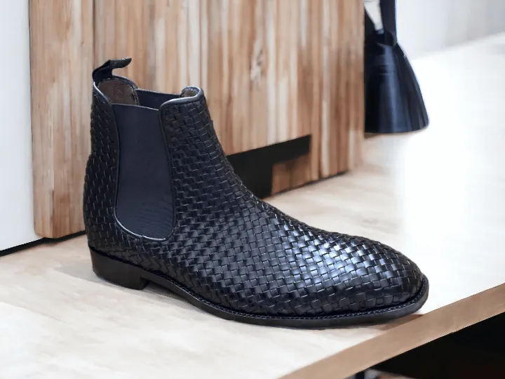 Awesome Handmade Men's Black Woven Leather Chelsea Boots, Men Fashion Dress Ankle Boots