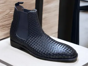 Awesome Handmade Men's Black Woven Leather Chelsea Boots, Men Fashion Dress Ankle Boots