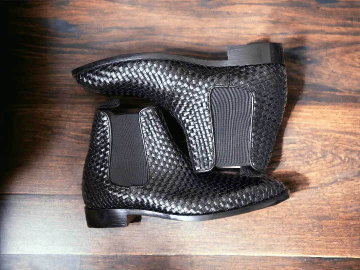 Awesome Handmade Men's Black Woven Leather Chelsea Boots, Men Fashion Dress Ankle Boots