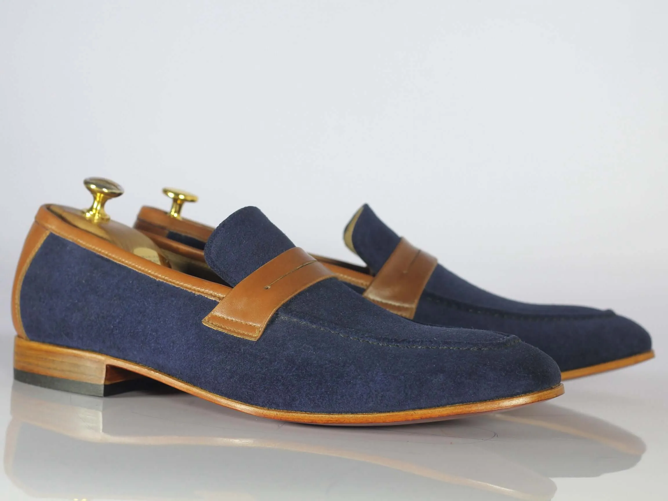 Awesome Handmade Men's Blue Suede Brown Leather Loafer Shoes, Men Designer Shoes