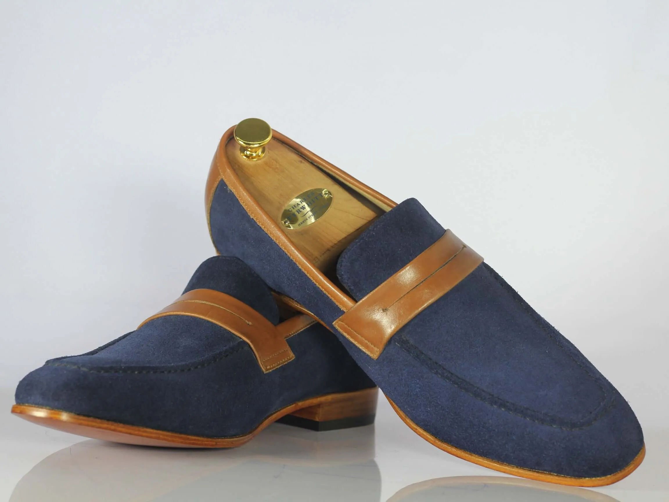 Awesome Handmade Men's Blue Suede Brown Leather Loafer Shoes, Men Designer Shoes