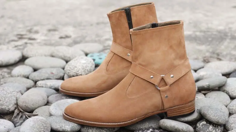 Awesome Handmade Men's Tan Suede Designer Zipper Boots, Men Fashion Ankle Boots