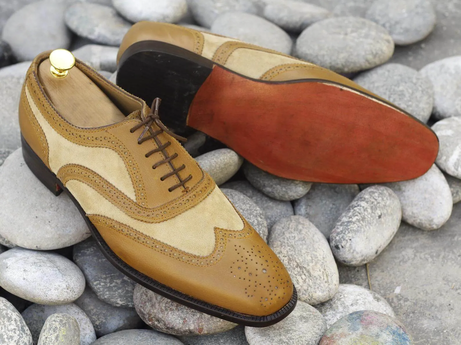 Awesome Handmade Pure Leather Suede Tan & Beige Wing Tip Brogue Oxford Dress Shoes, Men Designer Dress Formal Shoes