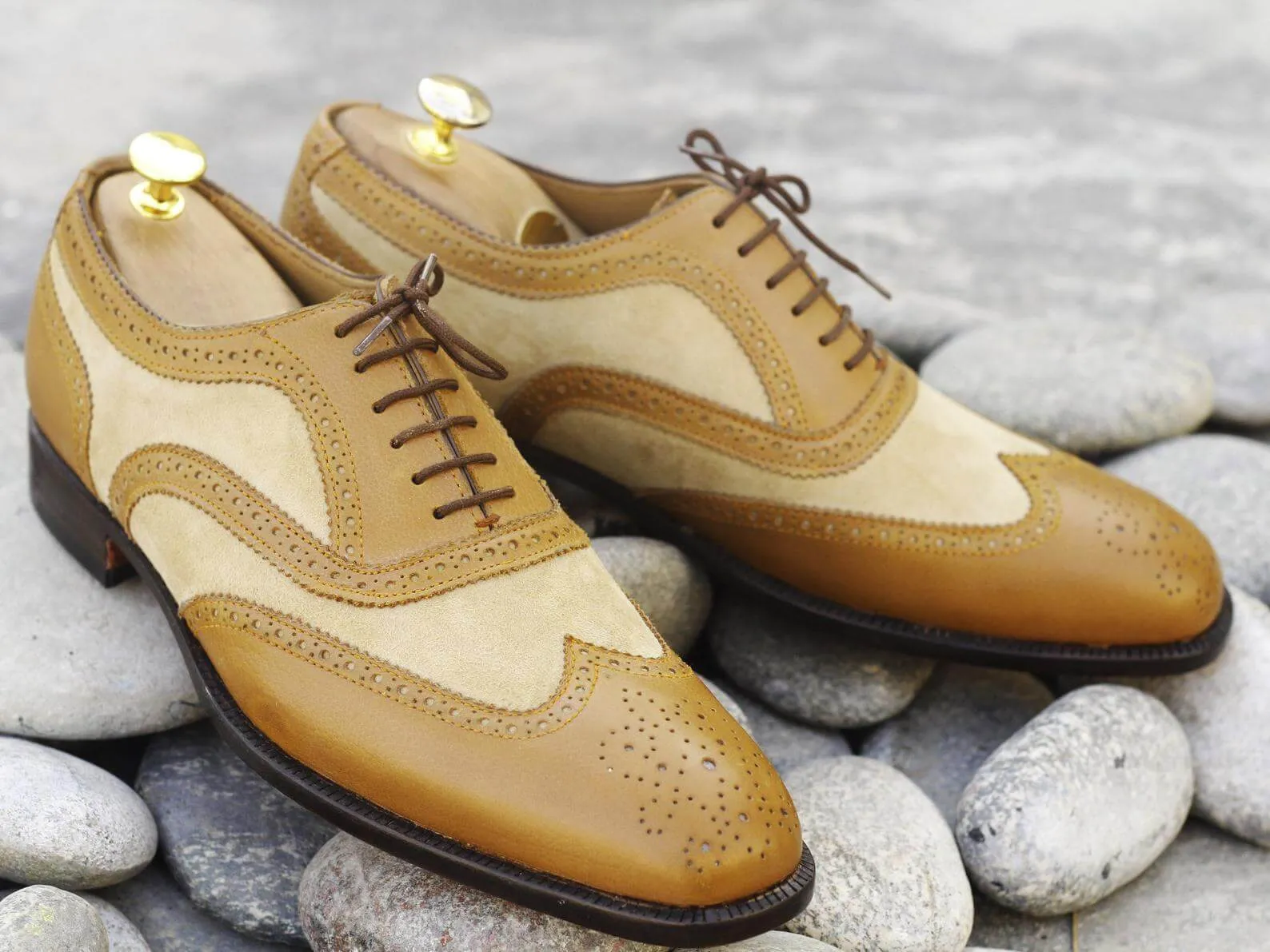 Awesome Handmade Pure Leather Suede Tan & Beige Wing Tip Brogue Oxford Dress Shoes, Men Designer Dress Formal Shoes