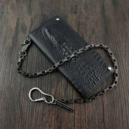 Badass Black Leather Men's Crocodile Pattern Long Biker Chain Wallet Long Wallet Chain For Men