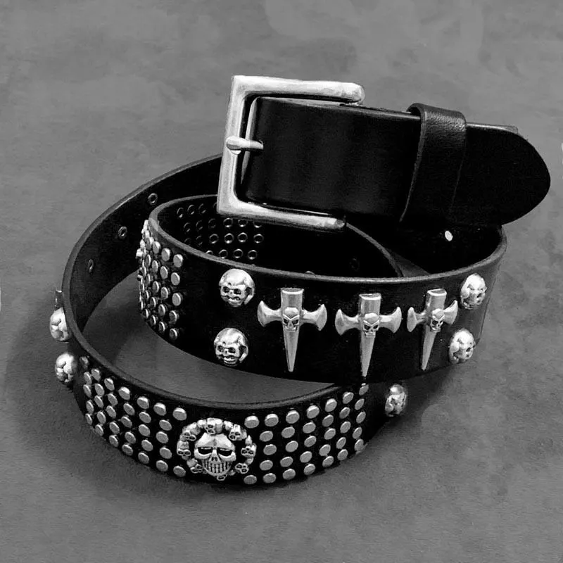 Badass Black Skull Leather Metal Belt Punk Skull Motorcycle Belt Leather Rock Belts For Men