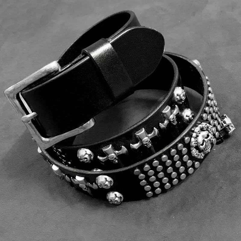 Badass Black Skull Leather Metal Belt Punk Skull Motorcycle Belt Leather Rock Belts For Men