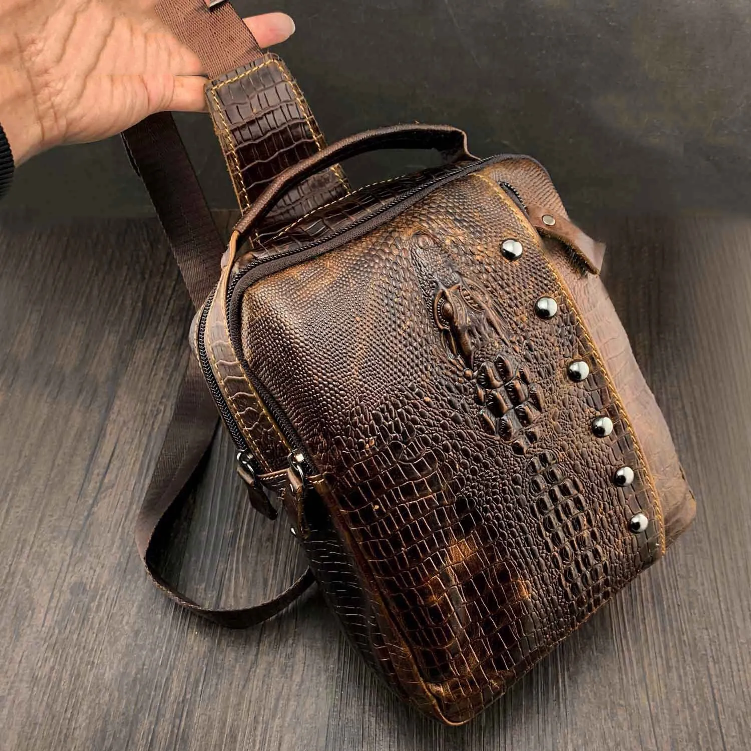 Badass Brown Leather Men's Sling Bag Chest Bag One shoulder Backpack Sling Bag For Men