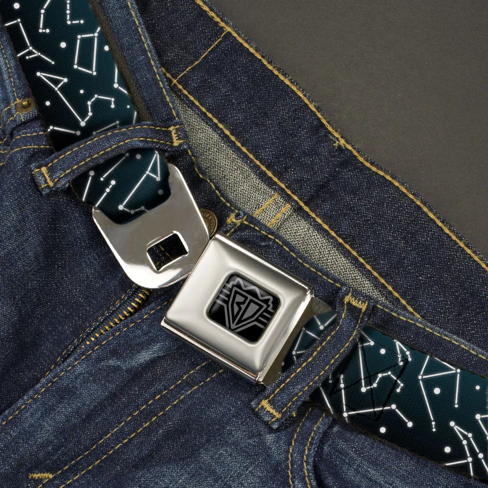 BD Wings Logo CLOSE-UP Black/Silver Seatbelt Belt - Constellations Scattered Midnight Blue/White Webbing