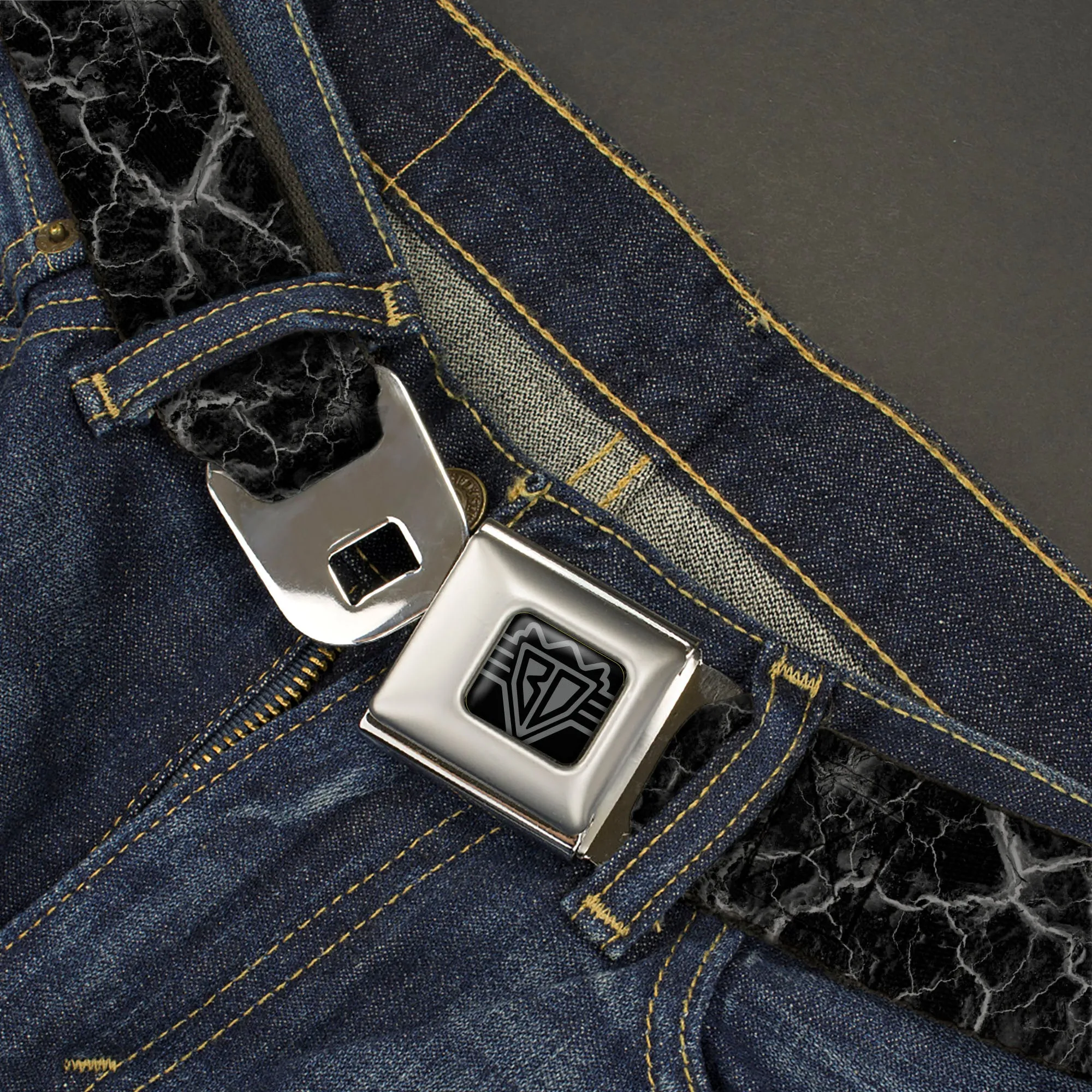 BD Wings Logo CLOSE-UP Black/Silver Seatbelt Belt - Marble Black/Charcoal Gray Webbing