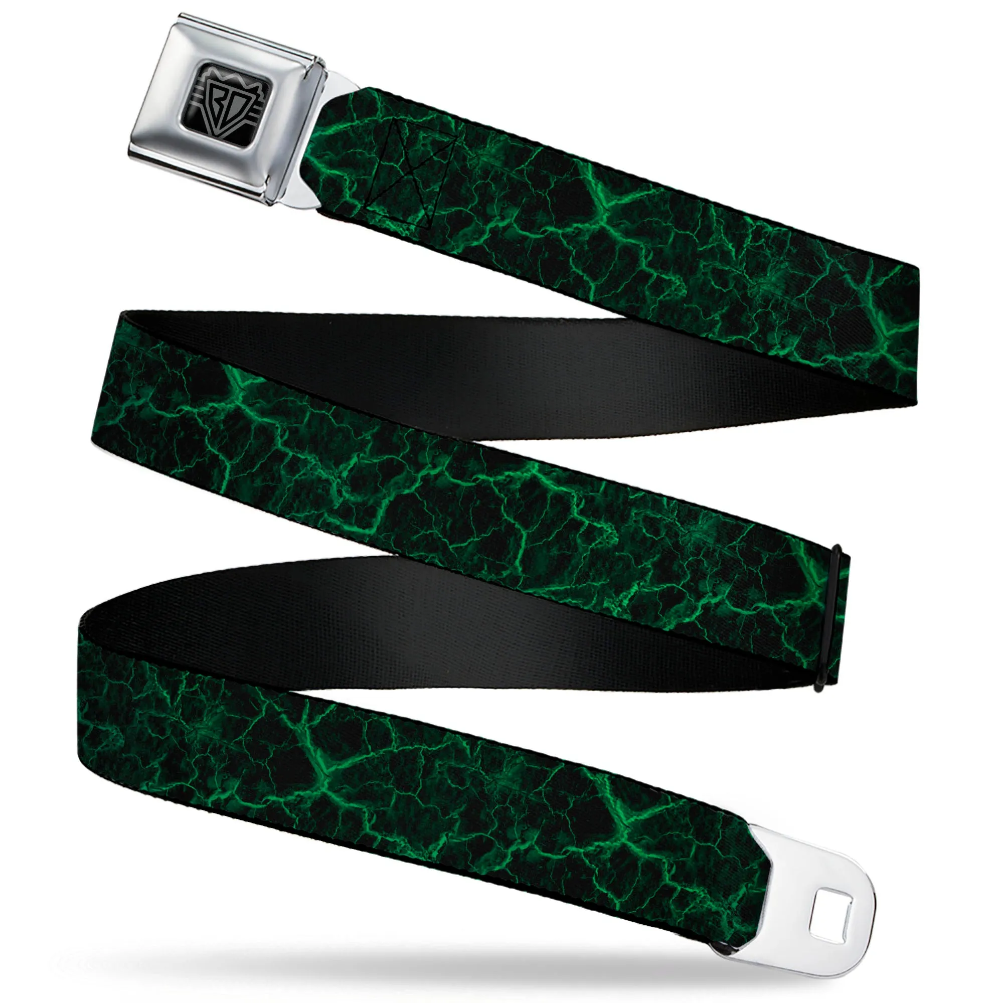 BD Wings Logo CLOSE-UP Black/Silver Seatbelt Belt - Marble Black/Green Webbing