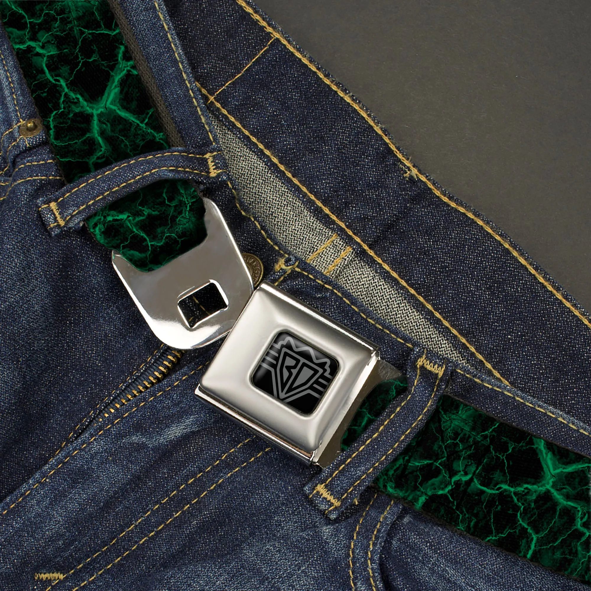 BD Wings Logo CLOSE-UP Black/Silver Seatbelt Belt - Marble Black/Green Webbing