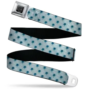 BD Wings Logo CLOSE-UP Black/Silver Seatbelt Belt - Palm Trees & Waves Monogram Blues/White Webbing