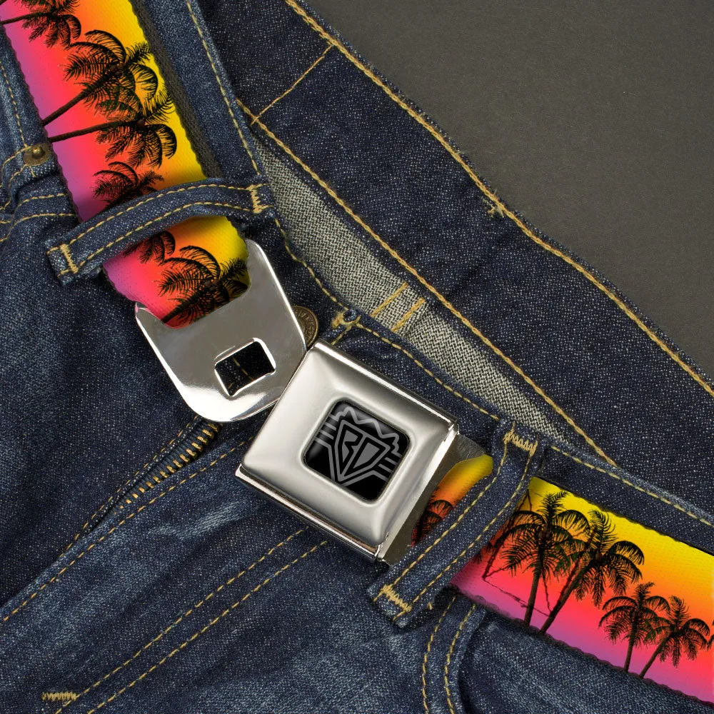 BD Wings Logo CLOSE-UP Black/Silver Seatbelt Belt - Palm Trees Sunset Fade/Black Webbing