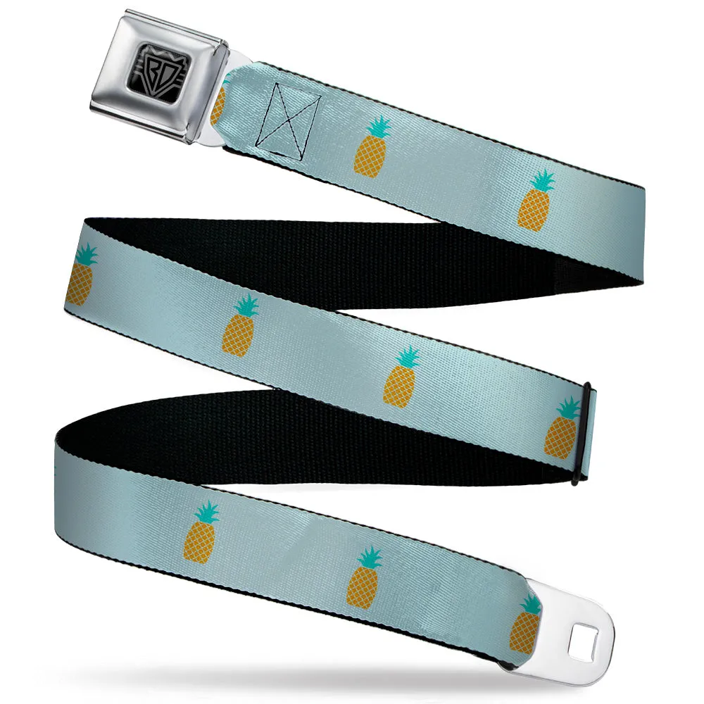 BD Wings Logo CLOSE-UP Black/Silver Seatbelt Belt - Pineapple Repeat Aqua Blue Webbing