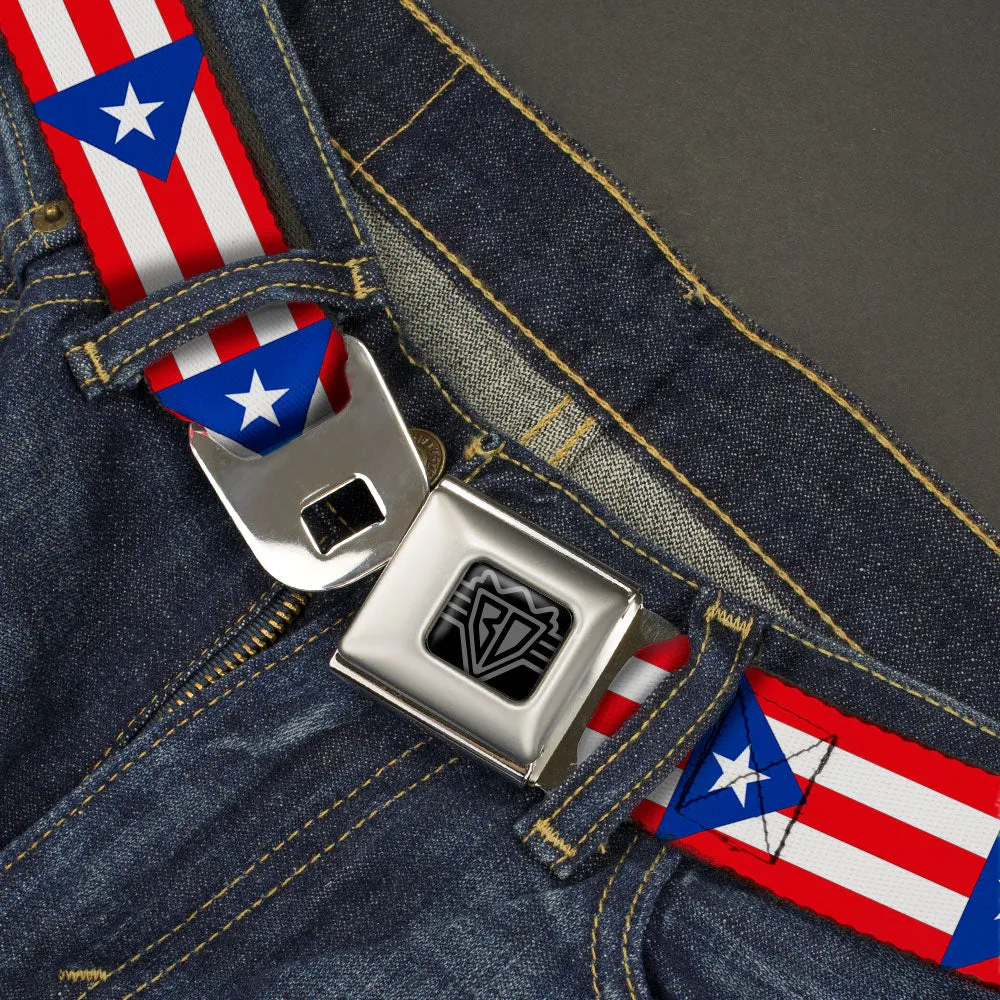 BD Wings Logo CLOSE-UP Black/Silver Seatbelt Belt - Puerto Rico Flag Continuous Webbing