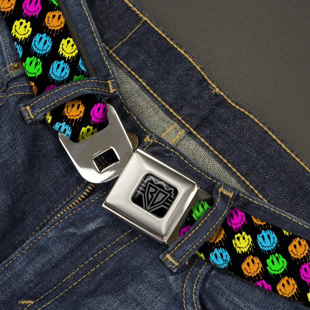 BD Wings Logo CLOSE-UP Black/Silver Seatbelt Belt - Smiley Faces Melted Mini Repeat Angle Black/Multi Neon Webbing