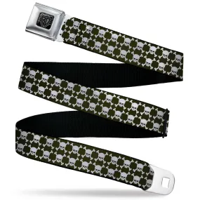 BD Wings Logo CLOSE-UP Black/Silver Seatbelt Belt - Top Skulls Stacked Black/White Webbing