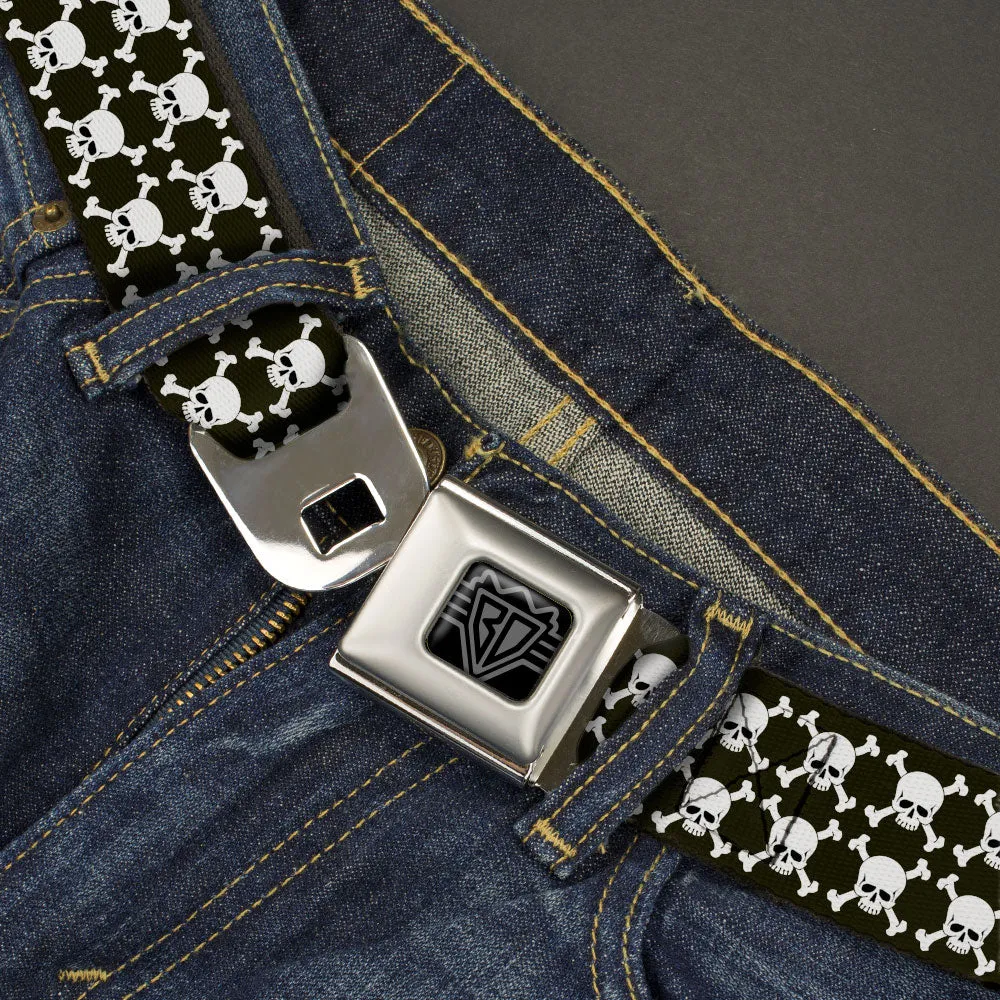 BD Wings Logo CLOSE-UP Black/Silver Seatbelt Belt - Top Skulls Stacked Black/White Webbing