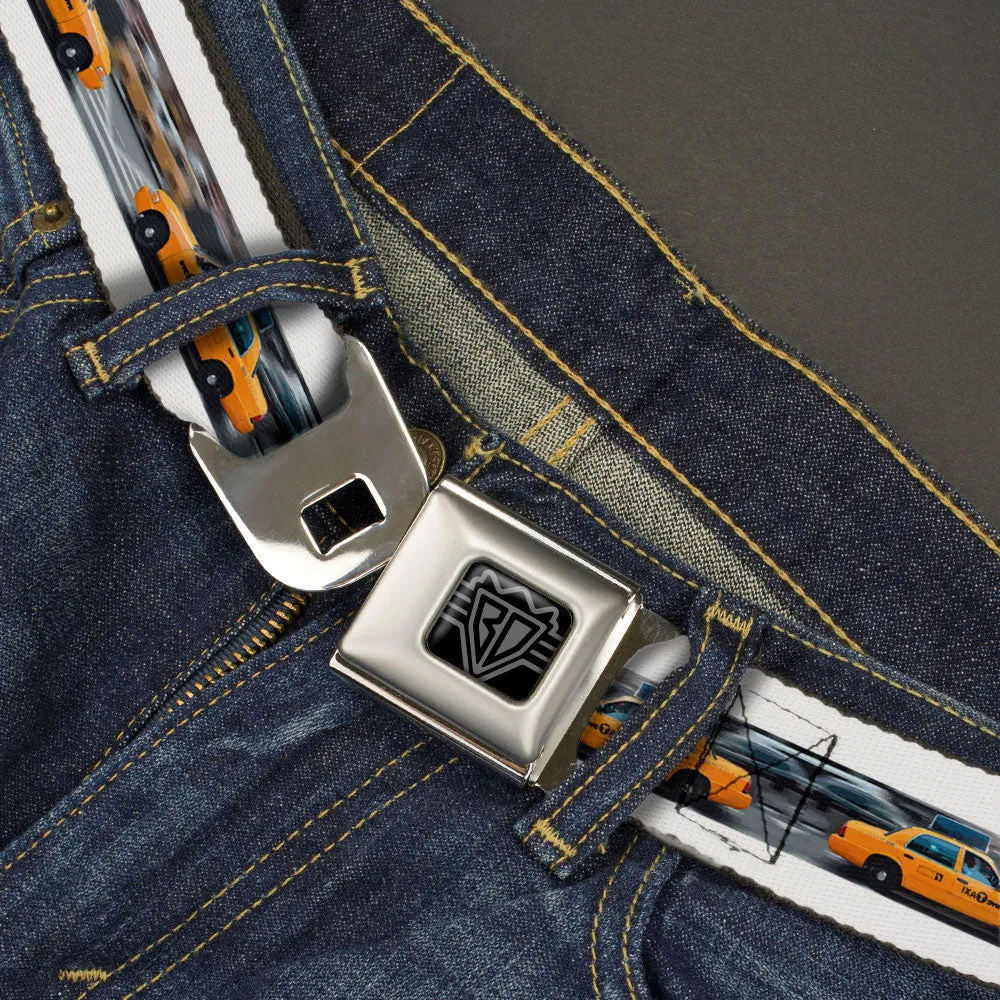 BD Wings Logo CLOSE-UP Black/Silver Seatbelt Belt - Vivid NYC Taxi Cab Street Scene Webbing