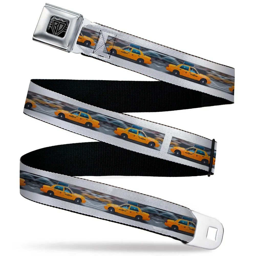 BD Wings Logo CLOSE-UP Black/Silver Seatbelt Belt - Vivid NYC Taxi Cab Street Scene Webbing