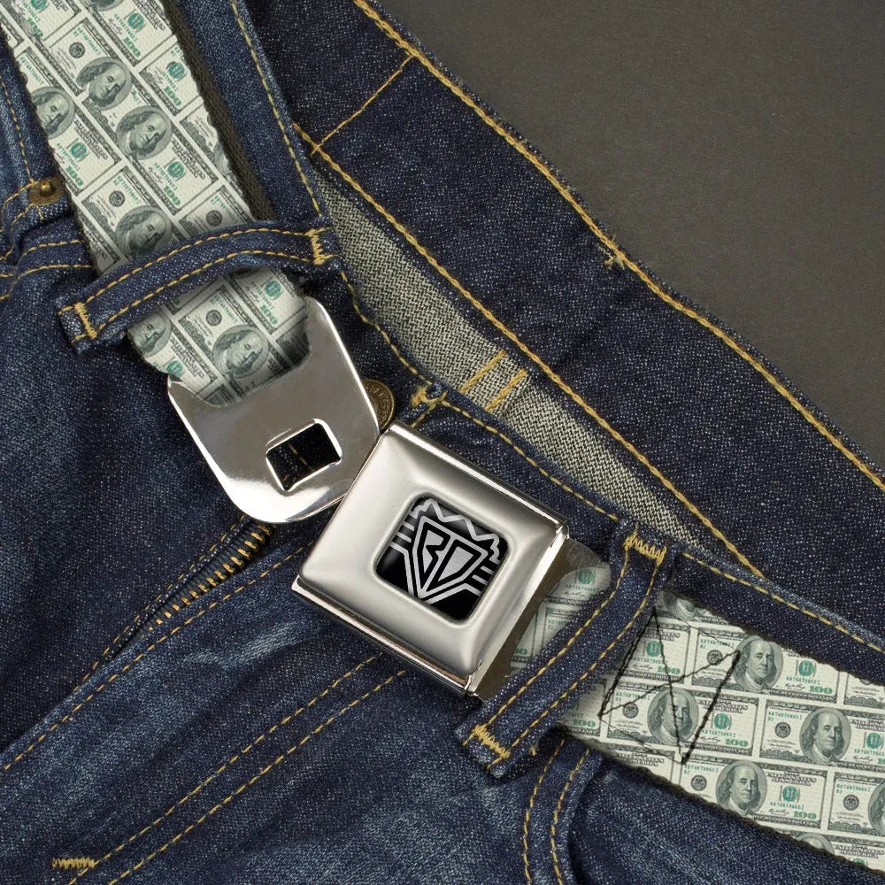 BD Wings Logo CLOSE-UP Full Color Black Silver Seatbelt Belt - 100 Dollar Bill Old Series 2006 Repeat Webbing