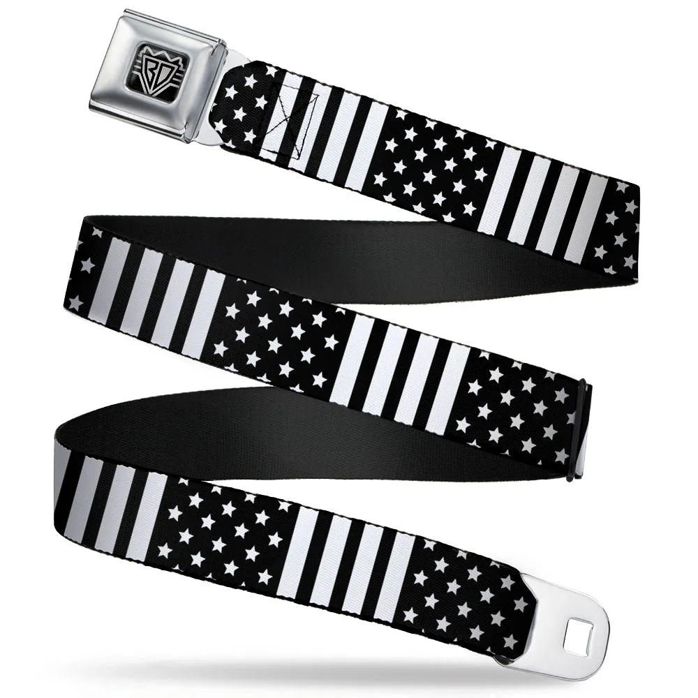 BD Wings Logo CLOSE-UP Full Color Black Silver Seatbelt Belt - American Flag CLOSE-UP Black/White Webbing