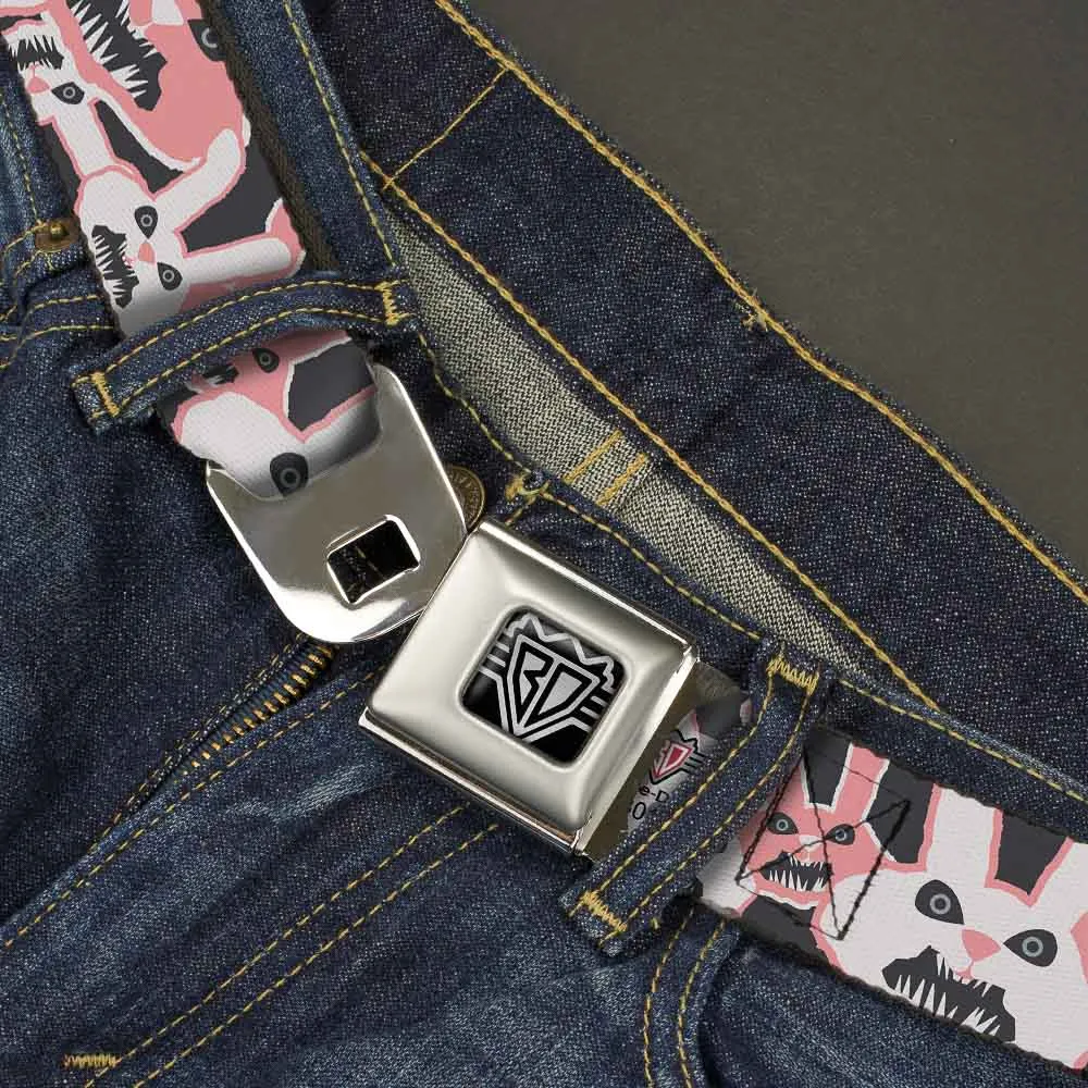 BD Wings Logo CLOSE-UP Full Color Black Silver Seatbelt Belt - Angry Bunnies Gray/Pinks Webbing