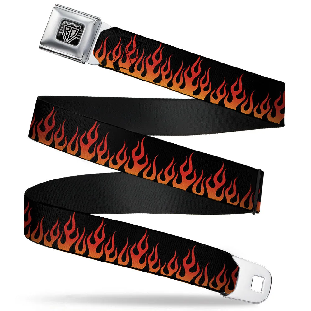 BD Wings Logo CLOSE-UP Full Color Black Silver Seatbelt Belt - Flames Black/Orange/Red Webbing by Buckle-Down