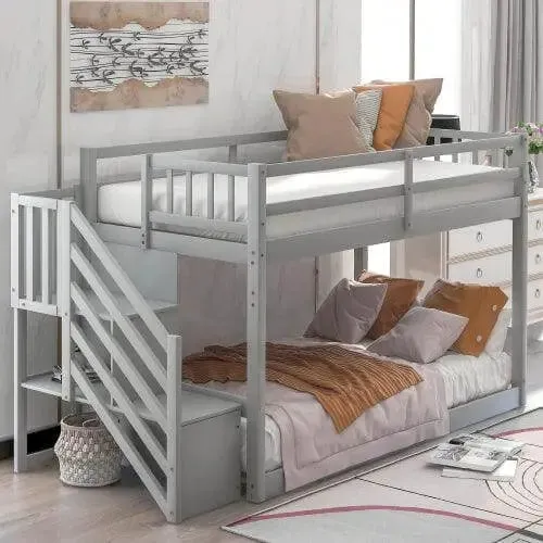 Bellemave® Twin Size Floor Bunk Bed with Ladder and Storage