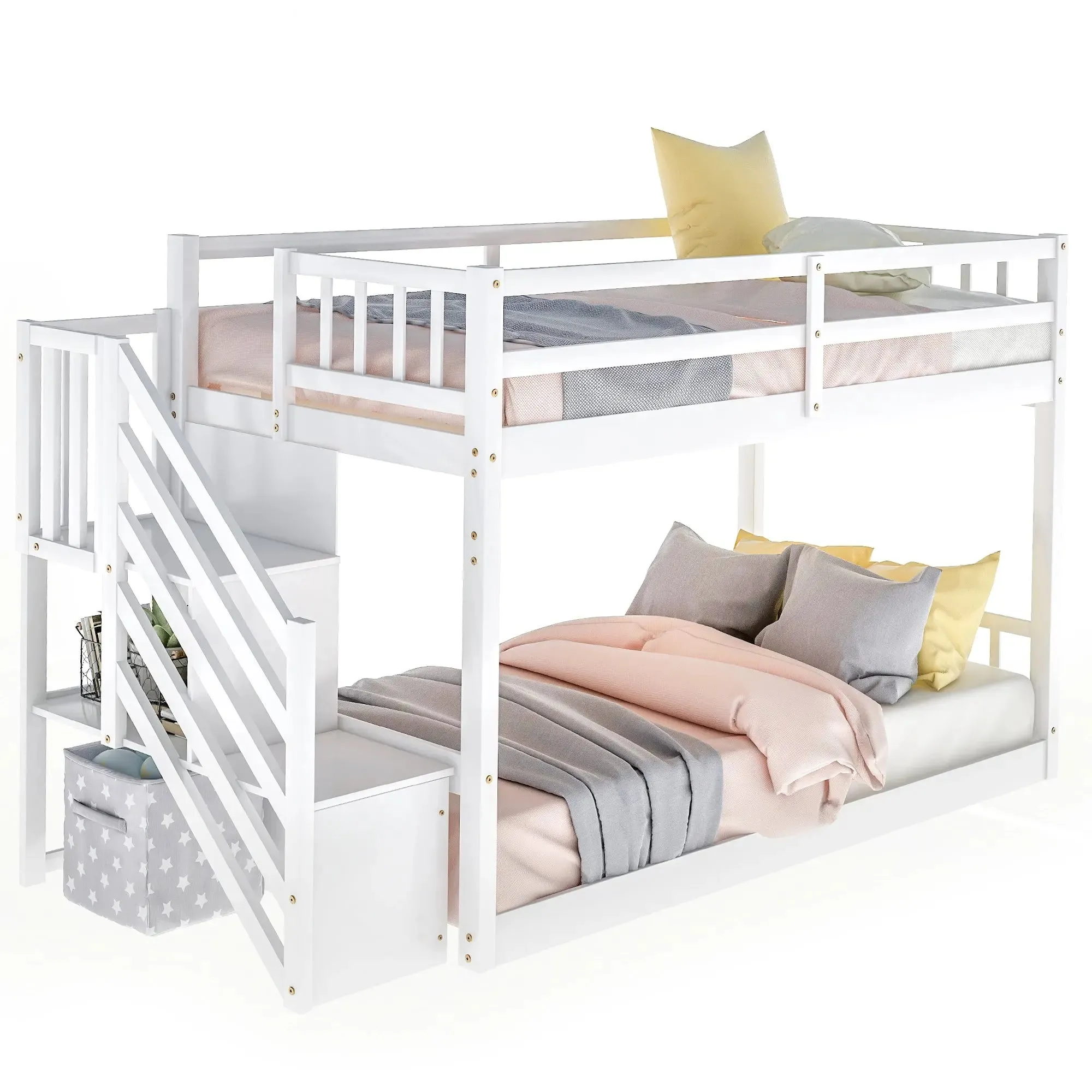 Bellemave® Twin Size Floor Bunk Bed with Ladder and Storage